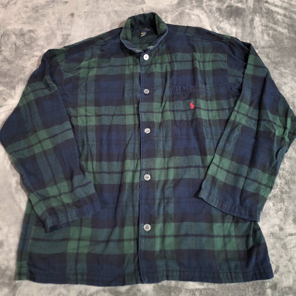 Polo Ralph Lauren Pajama Shirt Men XL Green Blue Tartan Flannel Button Sleepwear